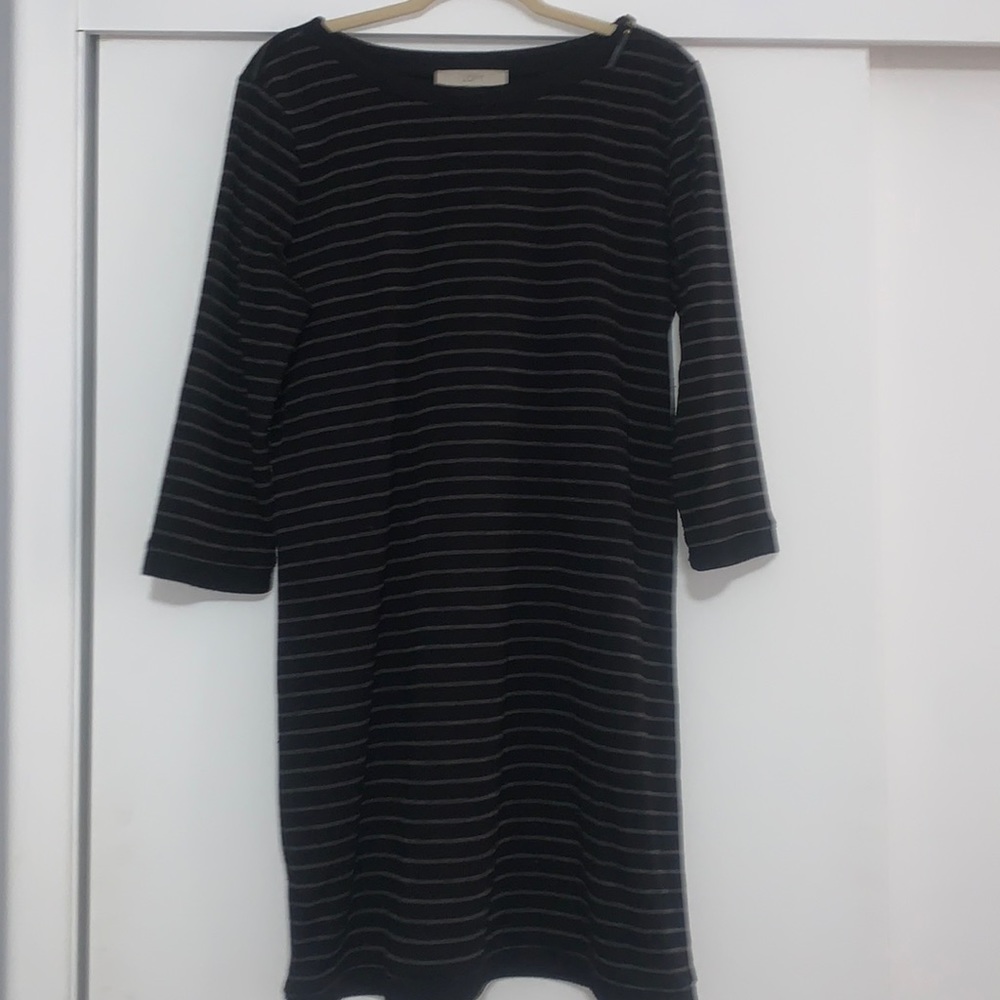 Loft Black with Gray Stripes 3/4 Sleeve Dress